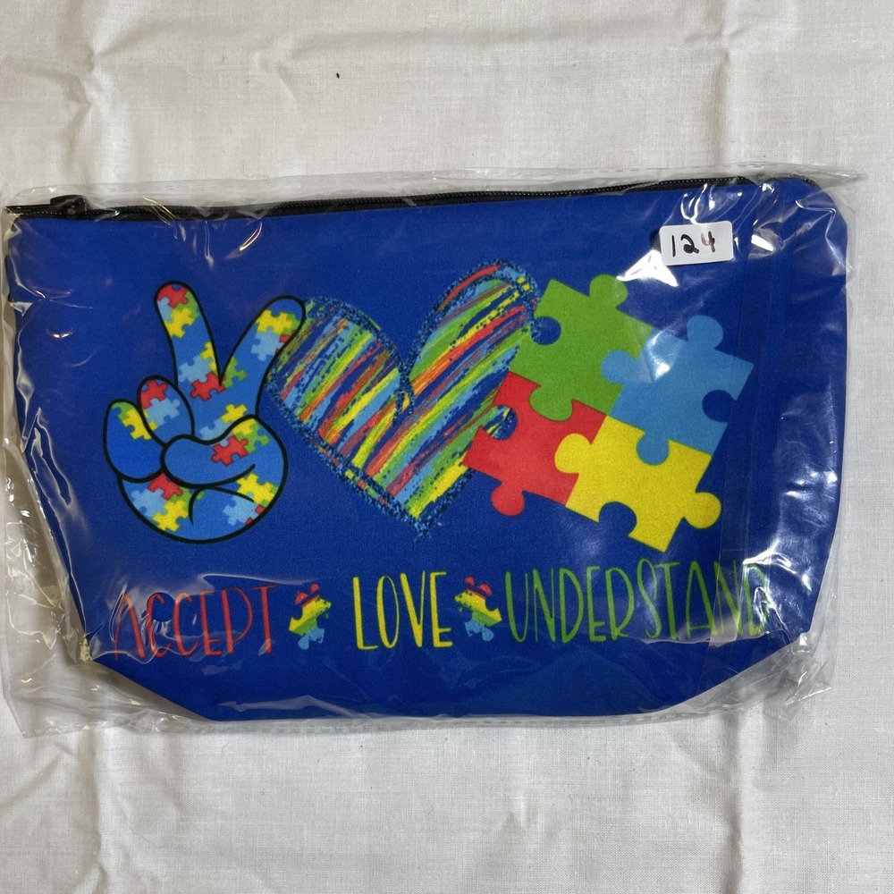 The Pouch Cosmetic Bag Blue NWT Autism Awareness Peace Love Accept